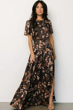 Baltic Born WEDDING SUITE|wedding guest|Agnes Satin Maxi Dress | Brown Floral