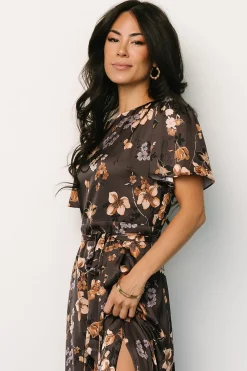 Baltic Born WEDDING SUITE|wedding guest|Agnes Satin Maxi Dress | Brown Floral