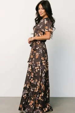 Baltic Born WEDDING SUITE|wedding guest|Agnes Satin Maxi Dress | Brown Floral