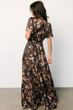 Baltic Born WEDDING SUITE|wedding guest|Agnes Satin Maxi Dress | Brown Floral