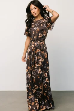Baltic Born WEDDING SUITE|wedding guest|Agnes Satin Maxi Dress | Brown Floral