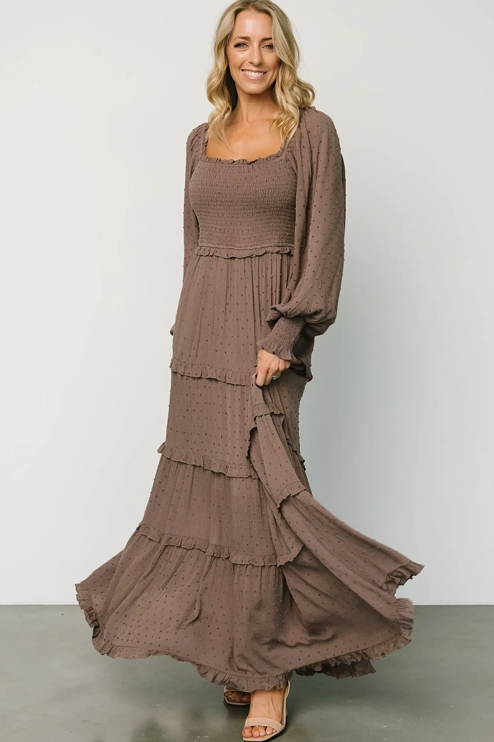 Baltic Born maxi dresses|EXTENDED SIZING|Amanda Smocked Dotted Maxi Dress | Brown