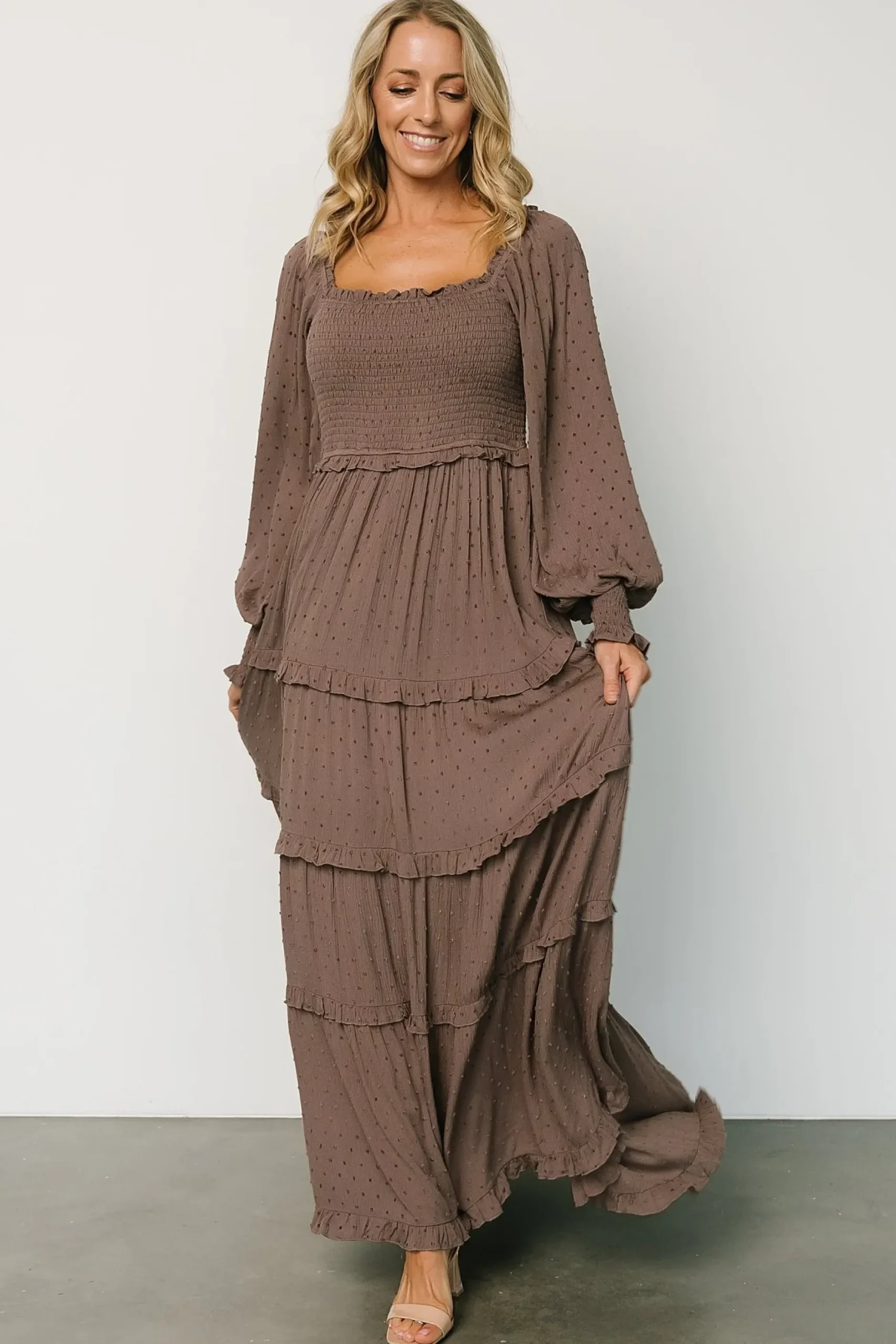 Baltic Born maxi dresses|EXTENDED SIZING|Amanda Smocked Dotted Maxi Dress | Brown