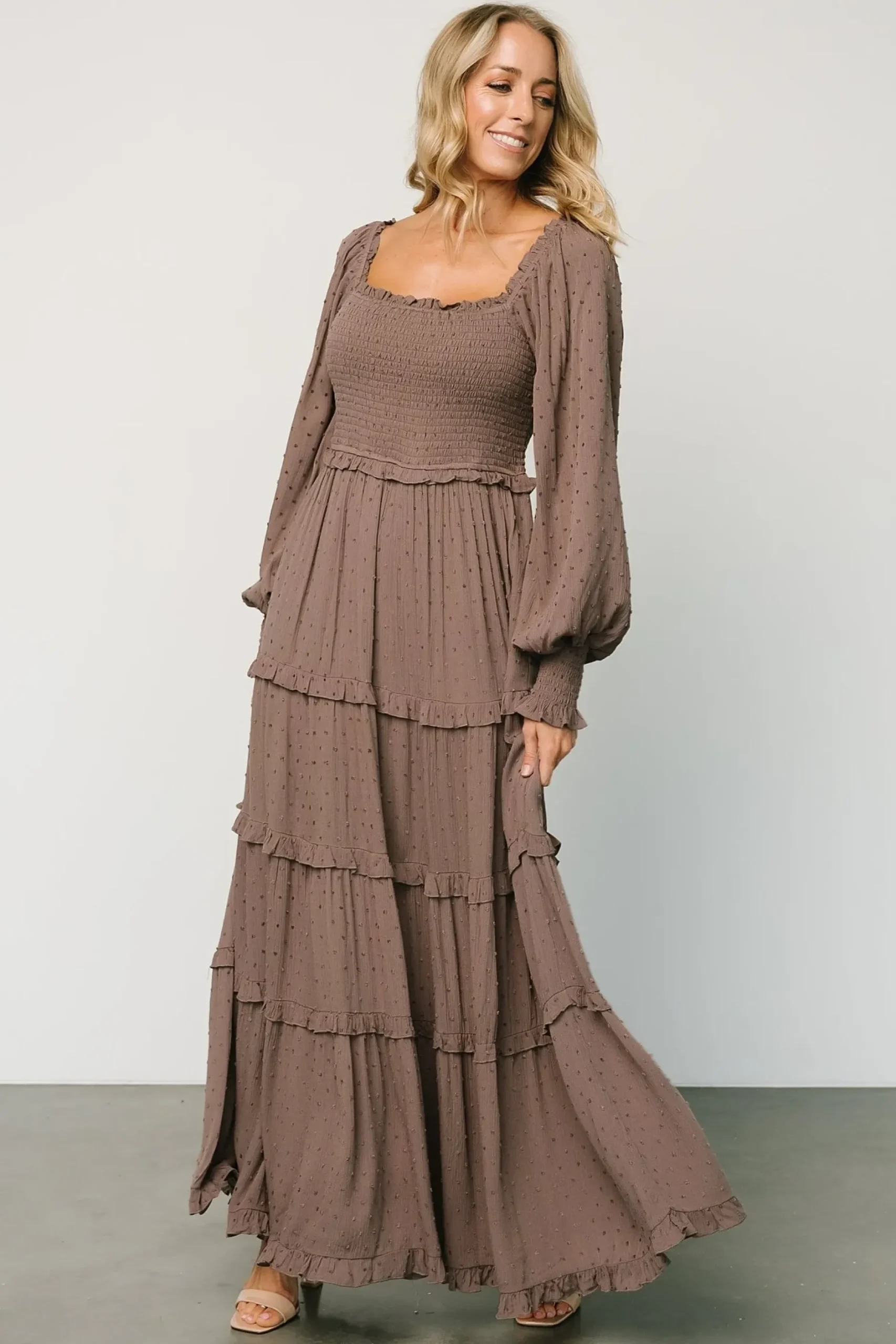 Baltic Born maxi dresses|EXTENDED SIZING|Amanda Smocked Dotted Maxi Dress | Brown