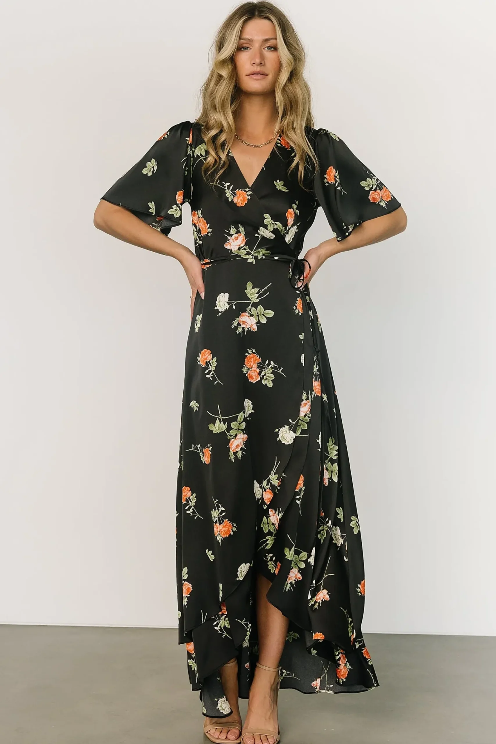 Baltic Born SALE|Amara Wrap Dress | Black + Coral Floral