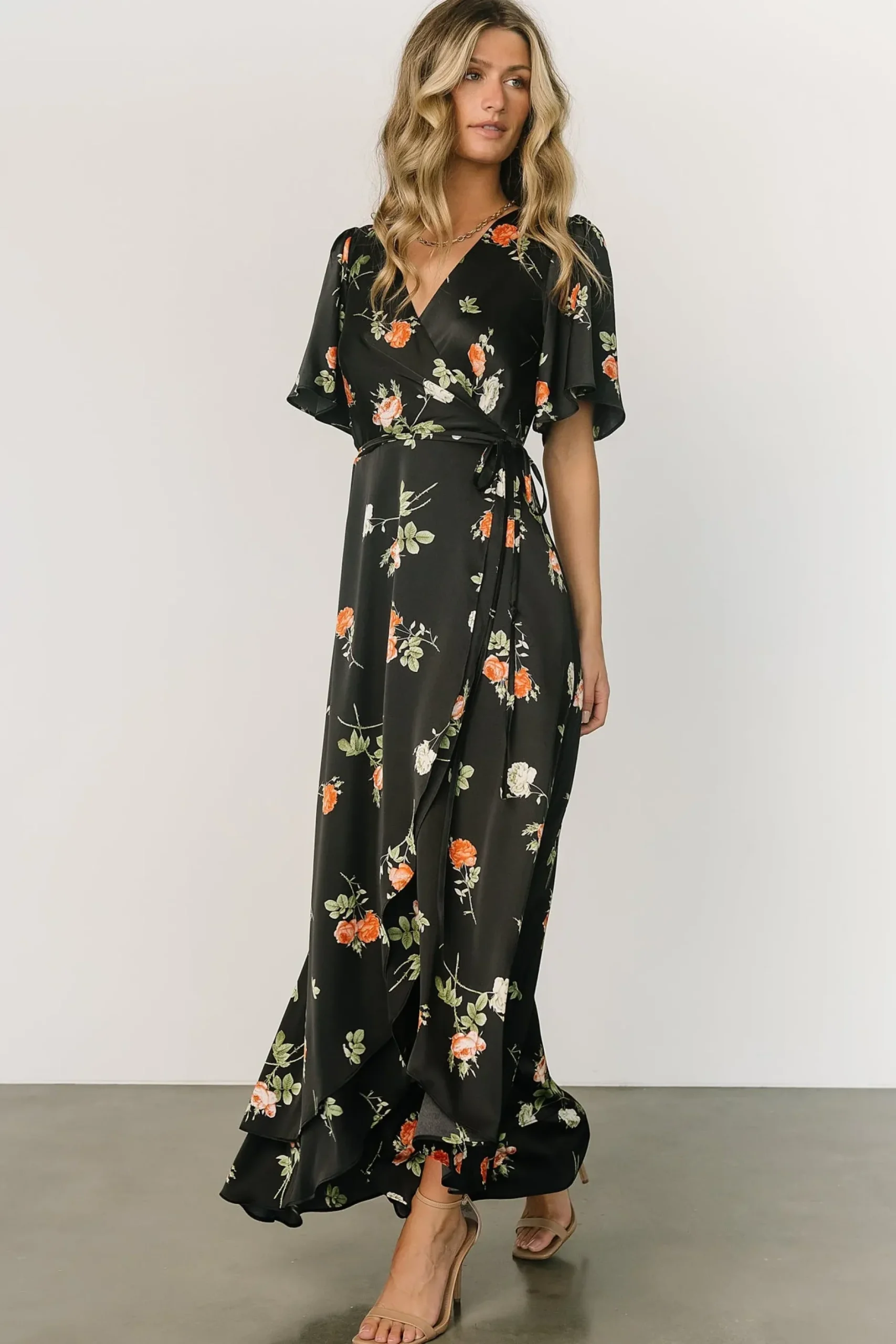 Baltic Born SALE|Amara Wrap Dress | Black + Coral Floral