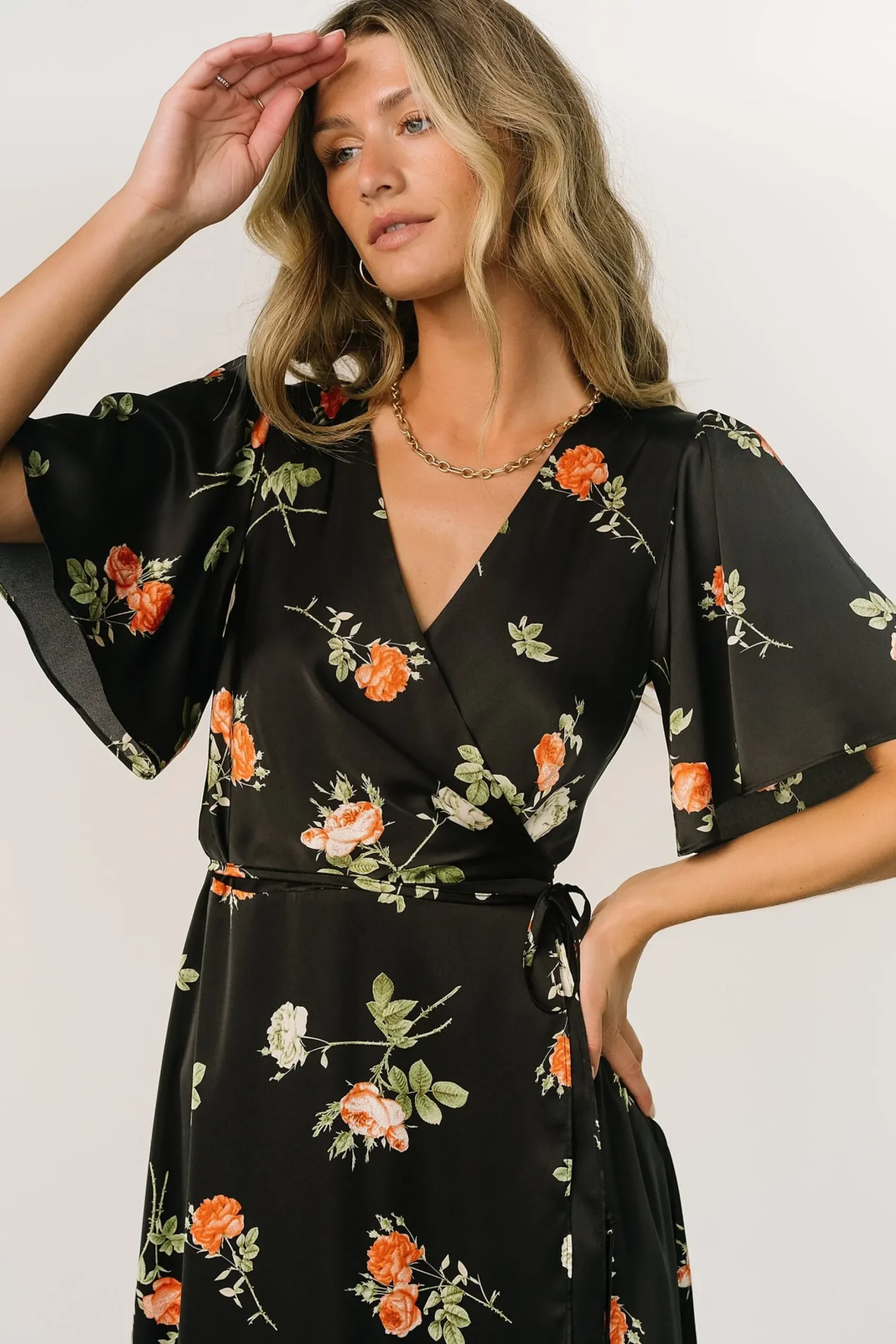 Baltic Born SALE|Amara Wrap Dress | Black + Coral Floral