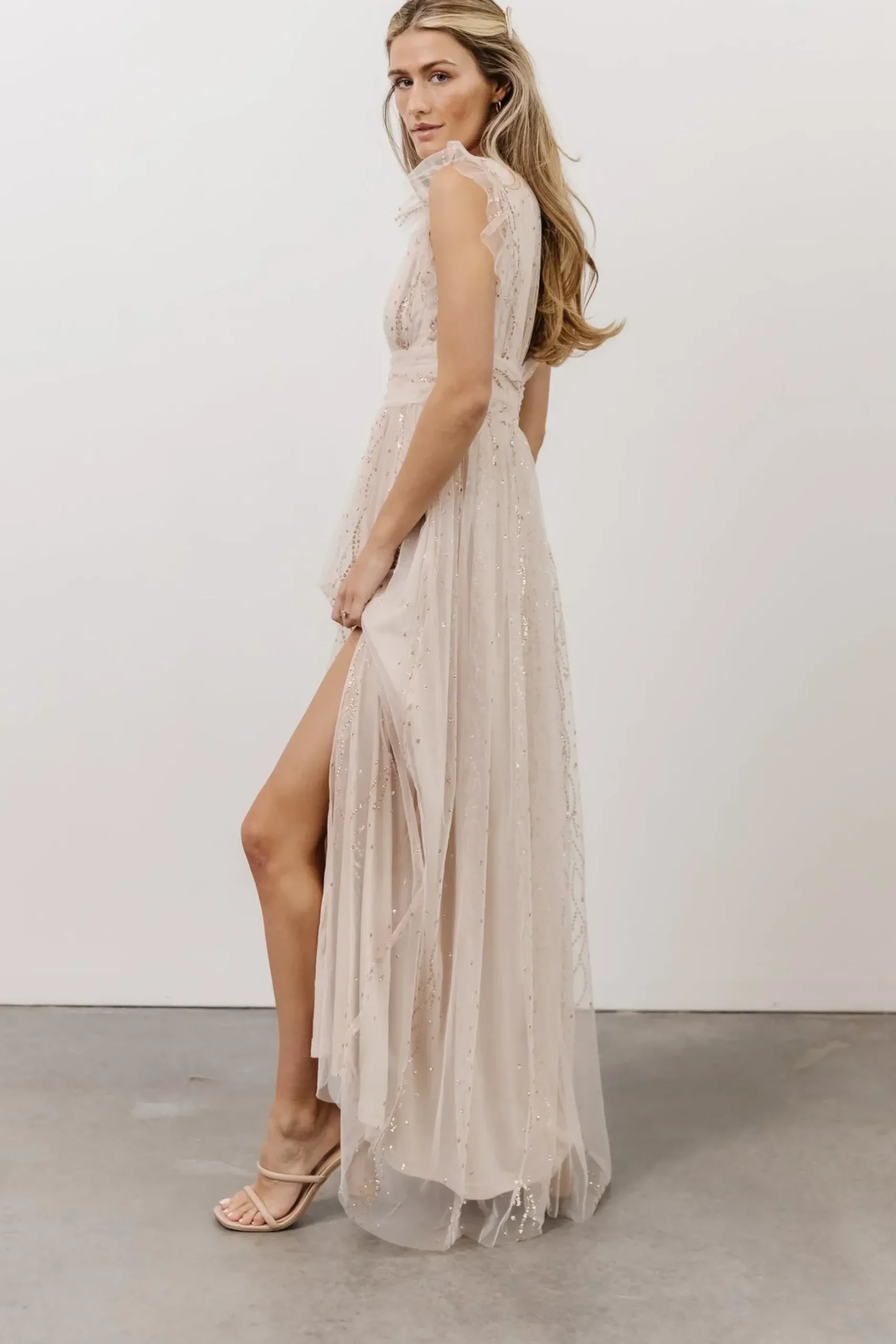Baltic Born tulle styles|Annika Sequin Mesh Maxi Dress | Nude Blush