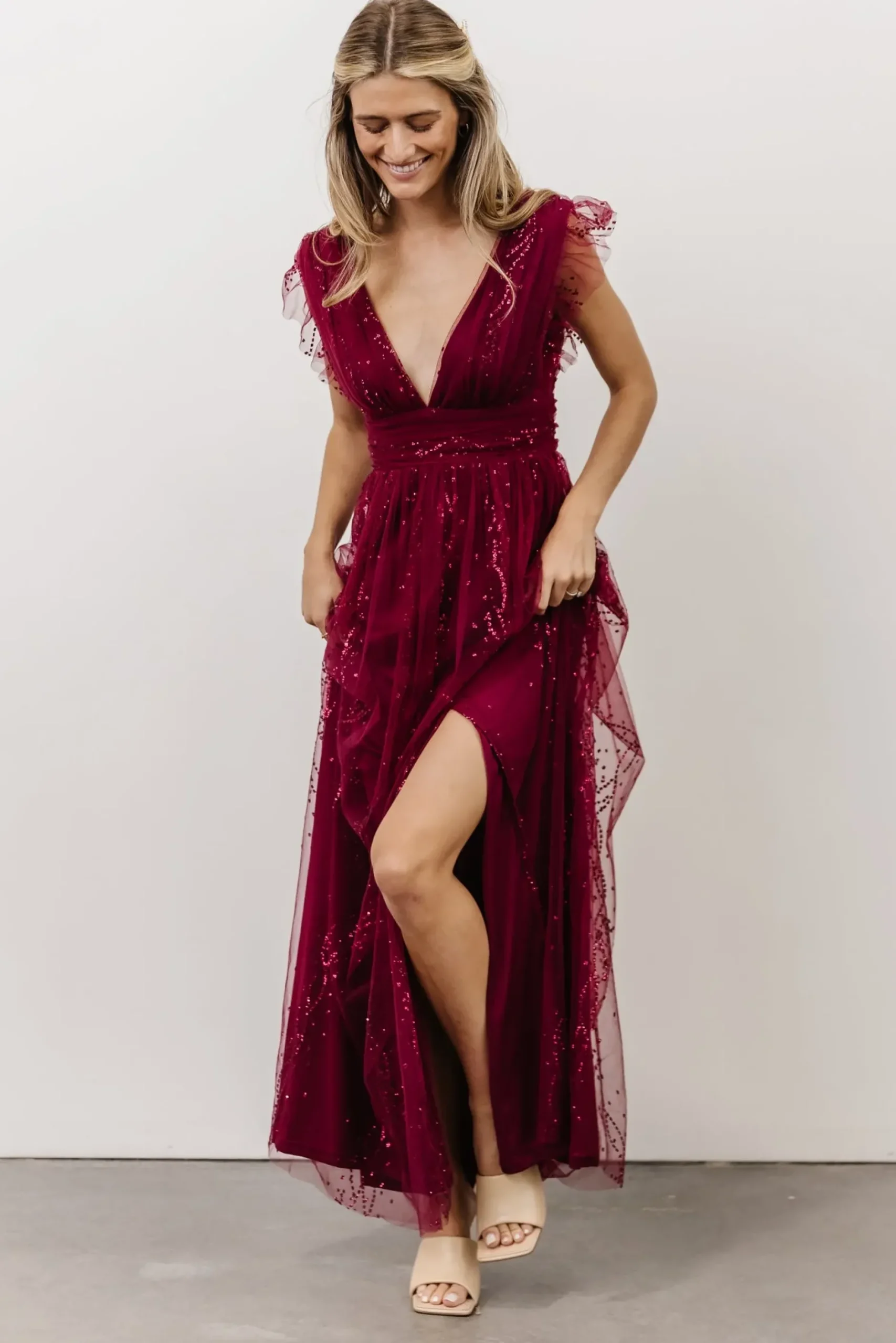 Baltic Born tulle styles|Annika Sequin Mesh Maxi Dress | Nude Blush