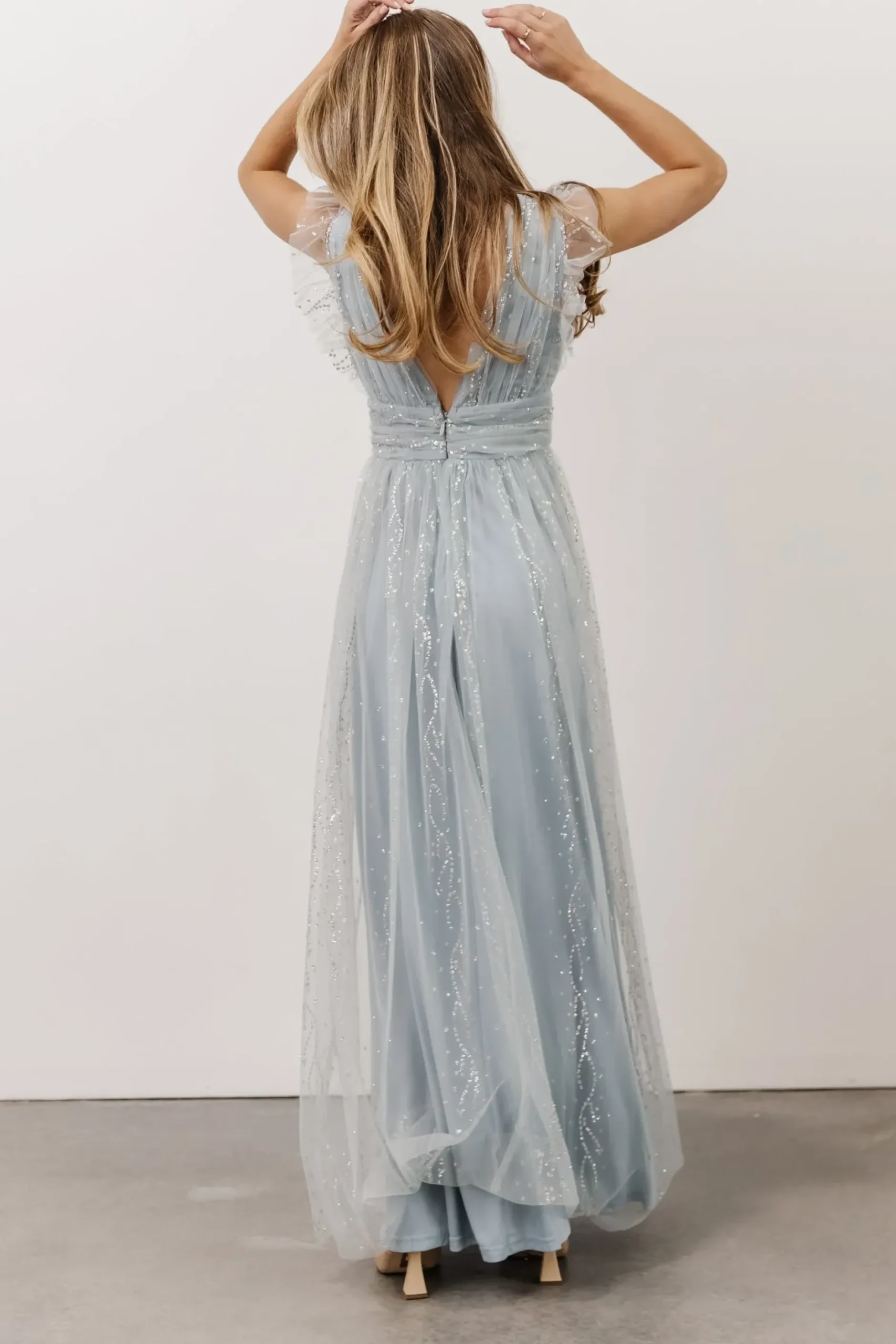 Baltic Born tulle styles|Annika Sequin Mesh Maxi Dress | Dusty Blue