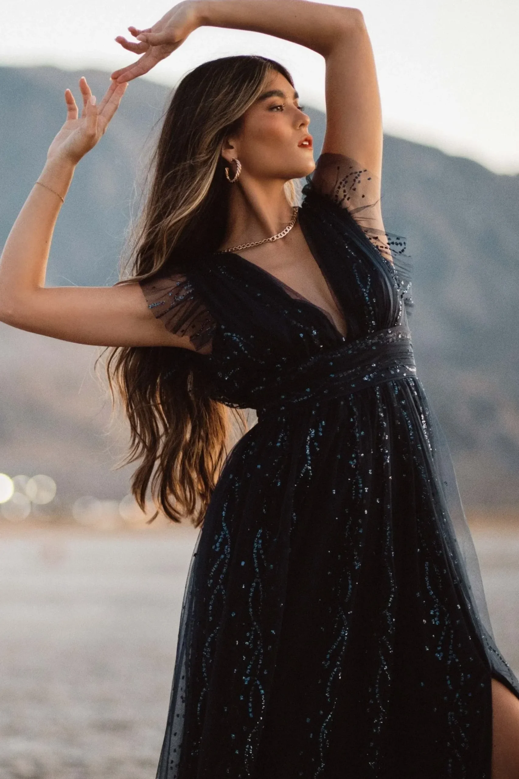 Baltic Born tulle styles|Annika Sequin Mesh Maxi Dress | Navy