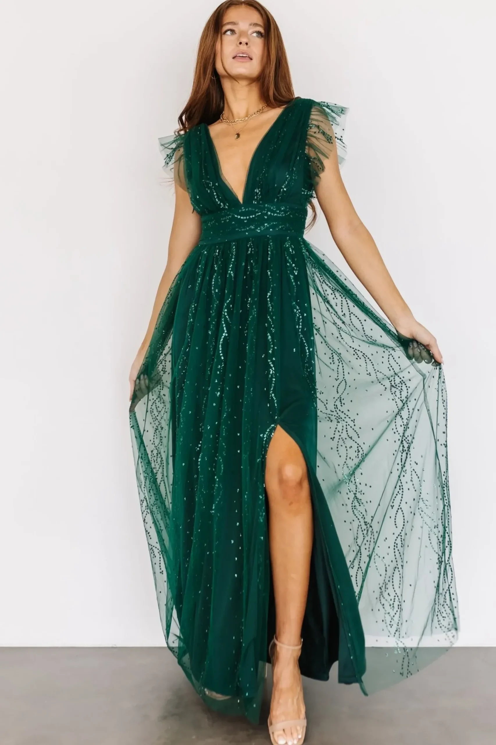 Baltic Born tulle styles|Annika Sequin Mesh Maxi Dress | Green