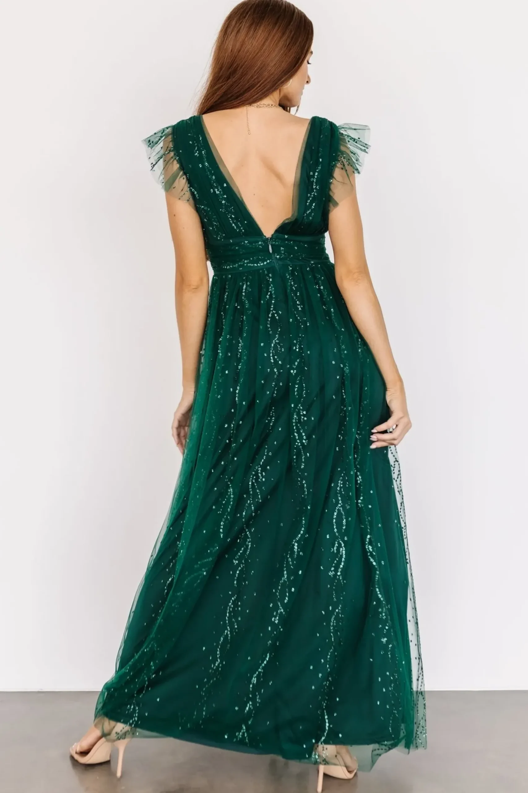 Baltic Born tulle styles|Annika Sequin Mesh Maxi Dress | Green