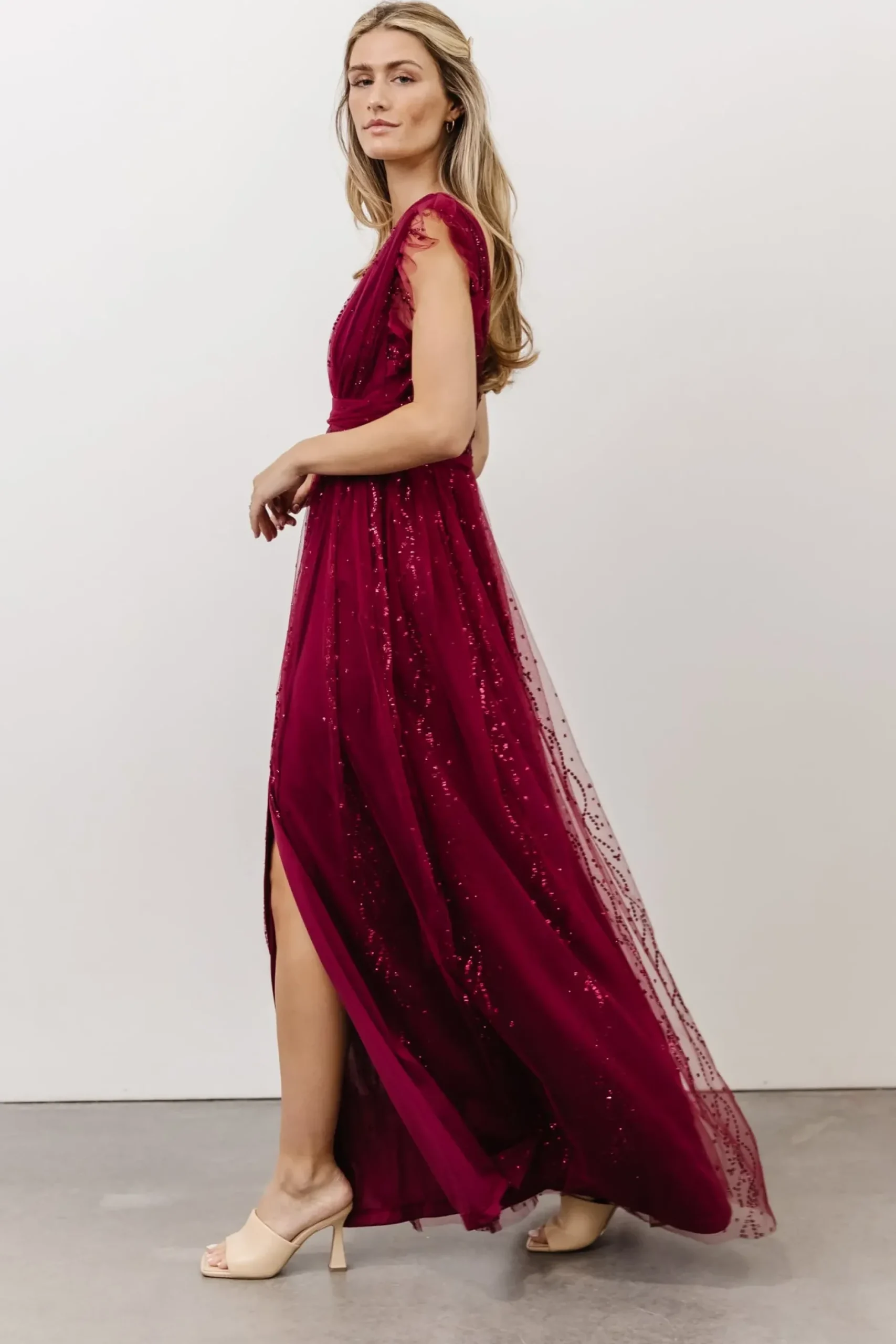 Baltic Born tulle styles|Annika Sequin Mesh Maxi Dress | Wine