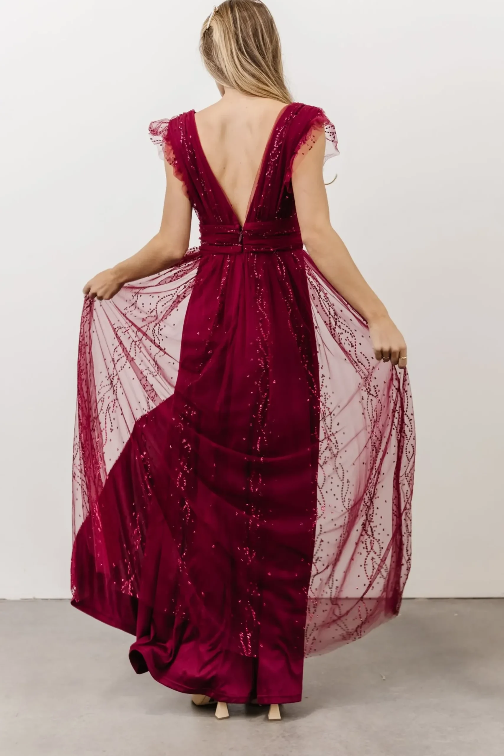 Baltic Born tulle styles|Annika Sequin Mesh Maxi Dress | Wine