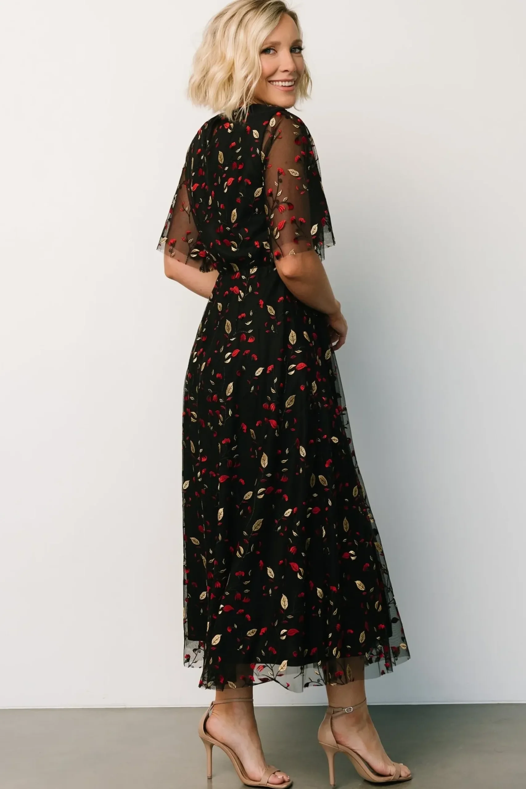Baltic Born WEDDING SUITE|wedding guest|Arabella Embroidered Tulle Maxi Dress | Black + Red
