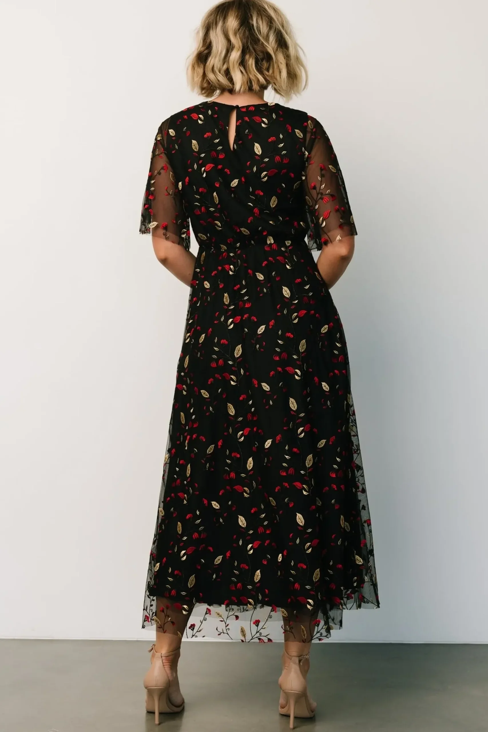 Baltic Born WEDDING SUITE|wedding guest|Arabella Embroidered Tulle Maxi Dress | Black + Red