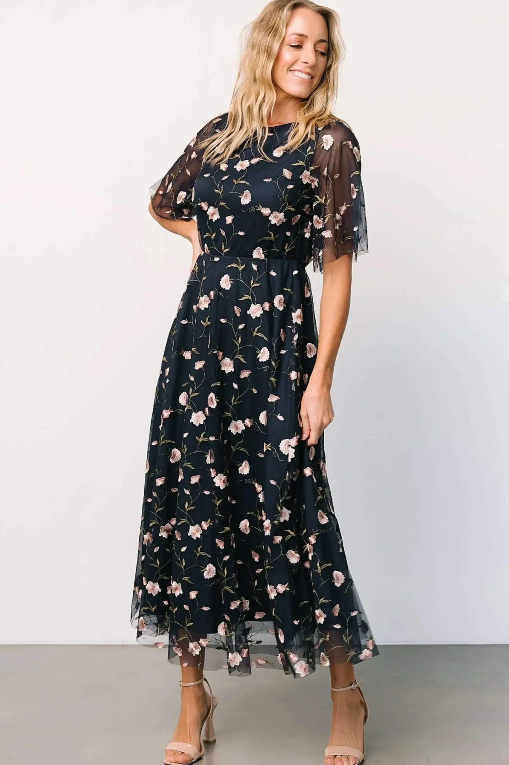 Baltic Born WEDDING SUITE|wedding guest|Arabella Embroidered Tulle Maxi Dress | Pink + Navy