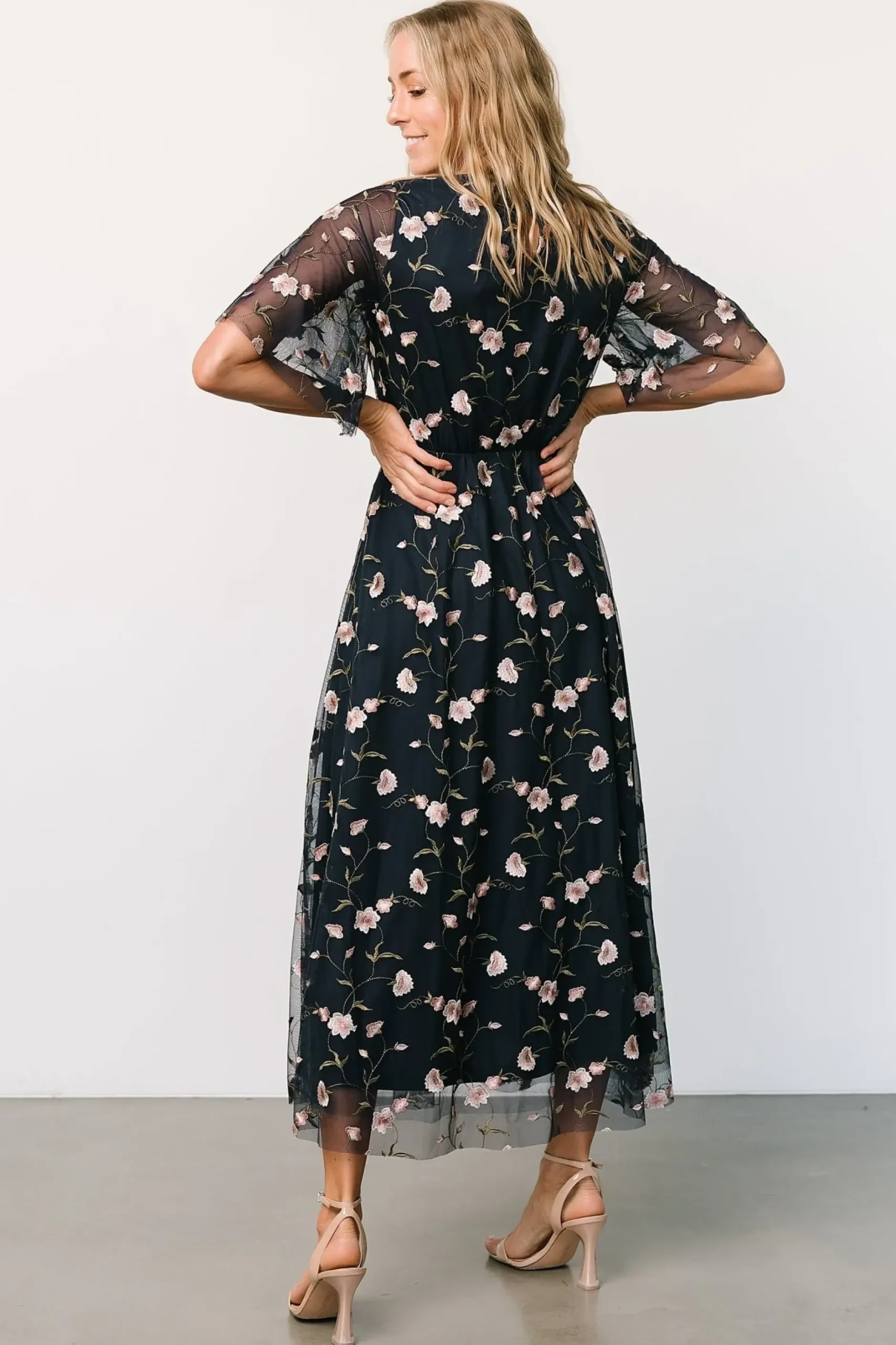 Baltic Born WEDDING SUITE|wedding guest|Arabella Embroidered Tulle Maxi Dress | Pink + Navy