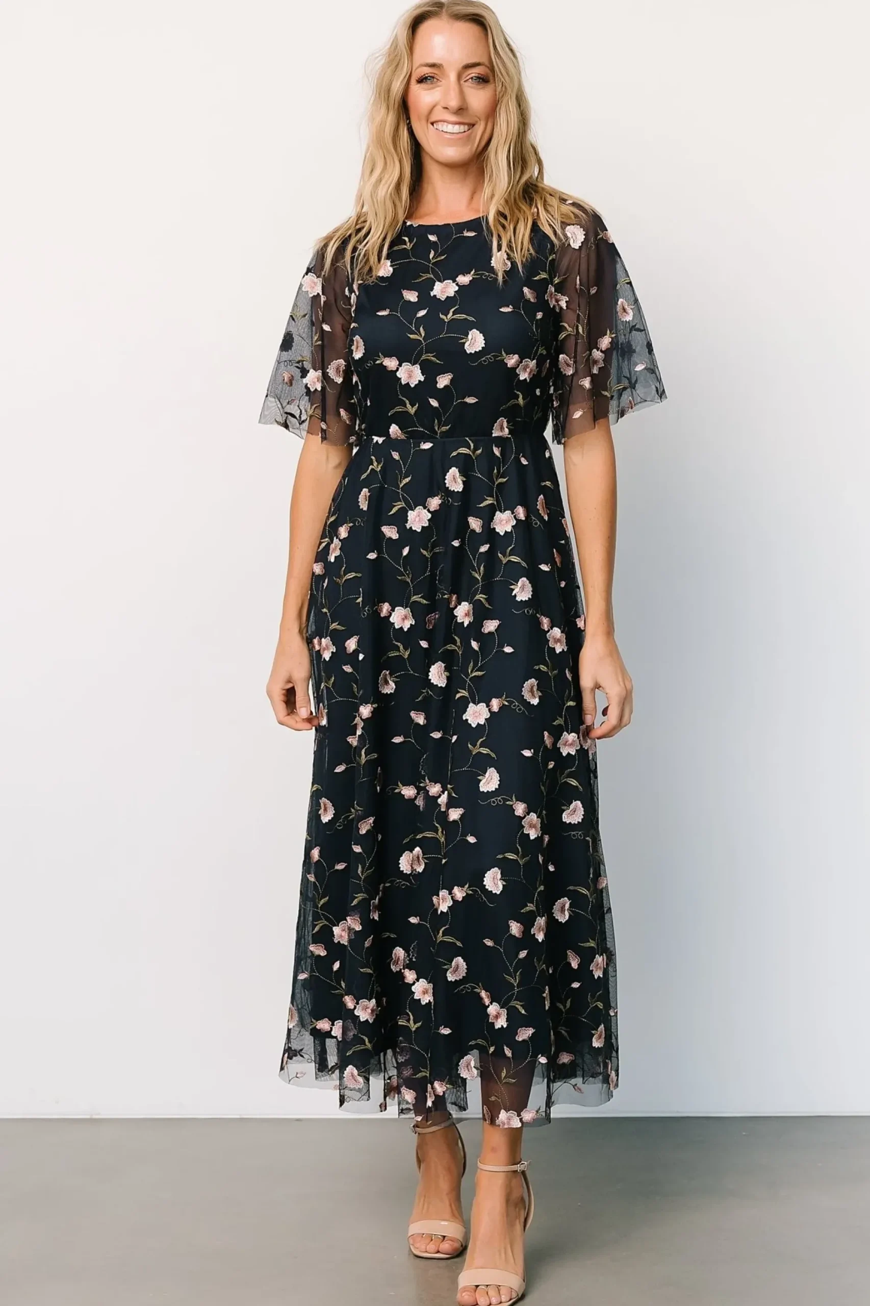 Baltic Born WEDDING SUITE|wedding guest|Arabella Embroidered Tulle Maxi Dress | Pink + Navy
