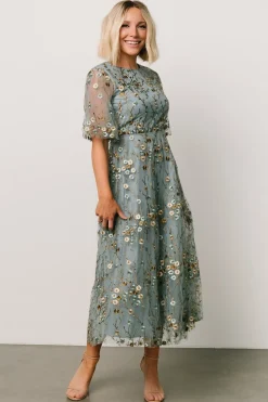 Baltic Born WEDDING SUITE|wedding guest|Arabella Embroidered Tulle Maxi Dress | Dusty Blue Floral