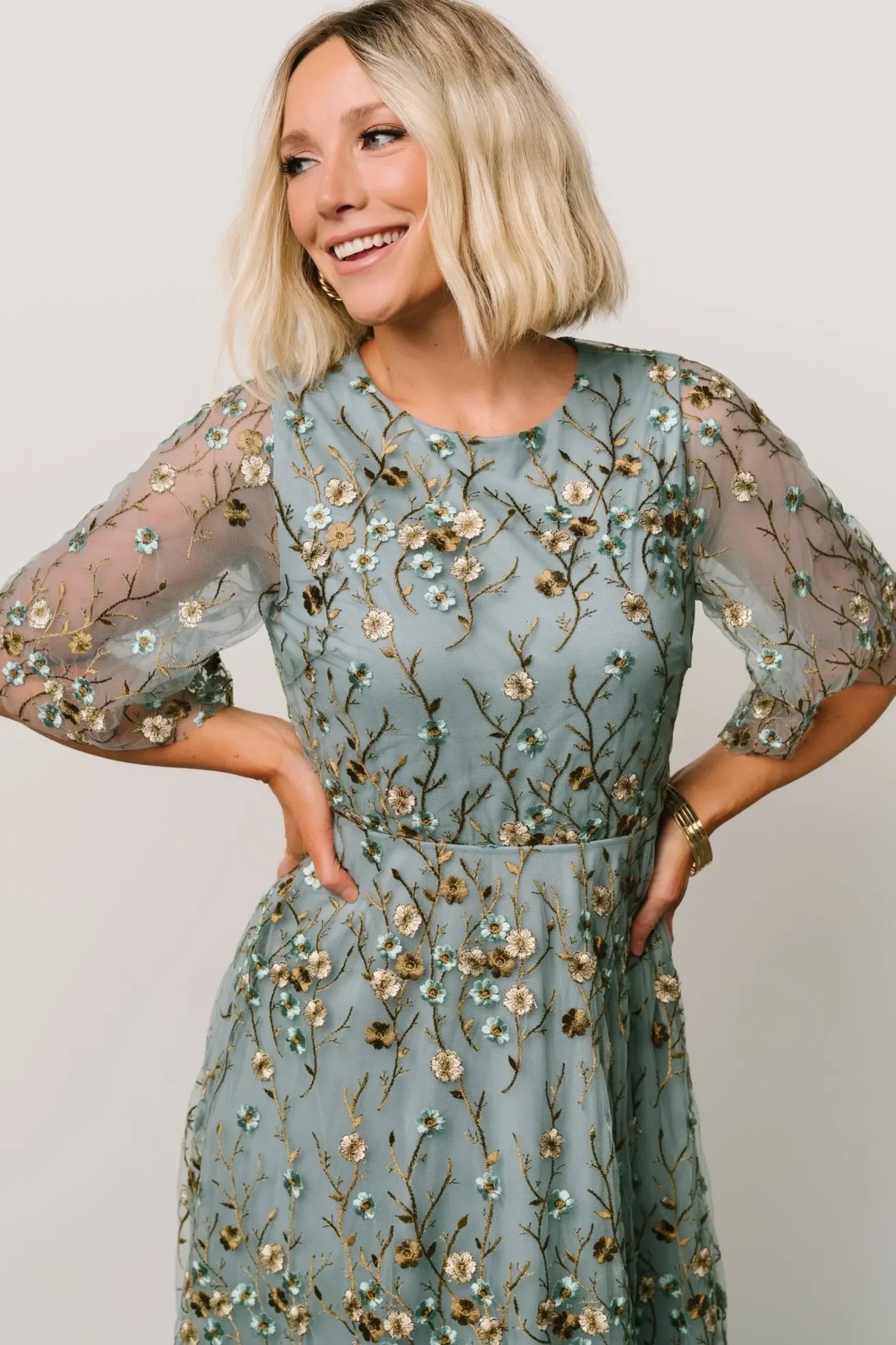 Baltic Born WEDDING SUITE|wedding guest|Arabella Embroidered Tulle Maxi Dress | Dusty Blue Floral