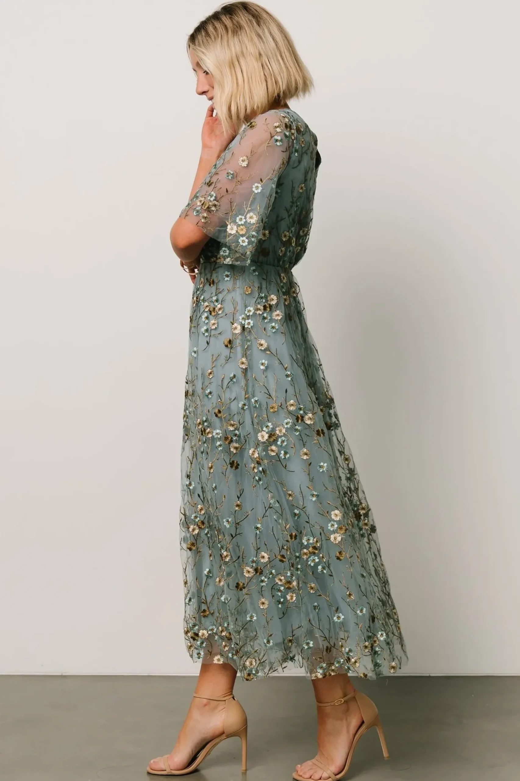 Baltic Born WEDDING SUITE|wedding guest|Arabella Embroidered Tulle Maxi Dress | Dusty Blue Floral