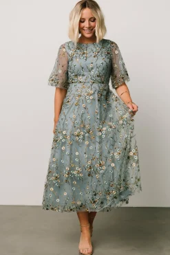 Baltic Born WEDDING SUITE|wedding guest|Arabella Embroidered Tulle Maxi Dress | Dusty Blue Floral