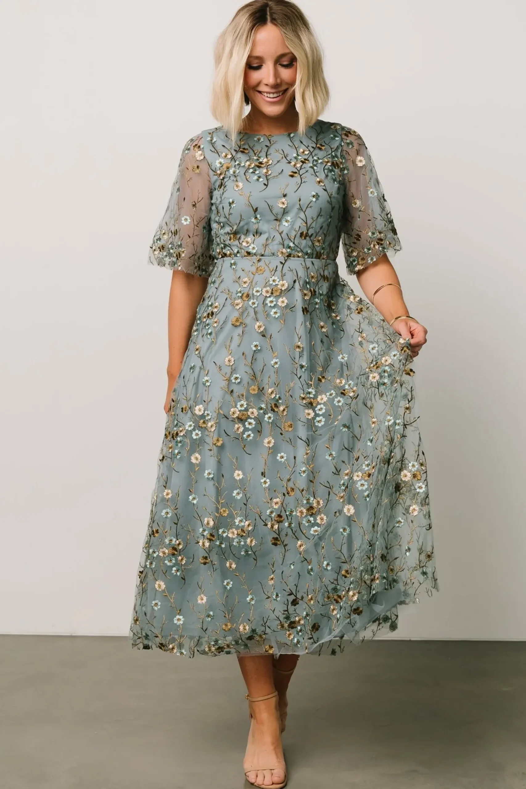 Baltic Born WEDDING SUITE|wedding guest|Arabella Embroidered Tulle Maxi Dress | Dusty Blue Floral