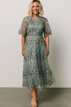 Baltic Born WEDDING SUITE|wedding guest|Arabella Embroidered Tulle Maxi Dress | Dusty Blue Floral
