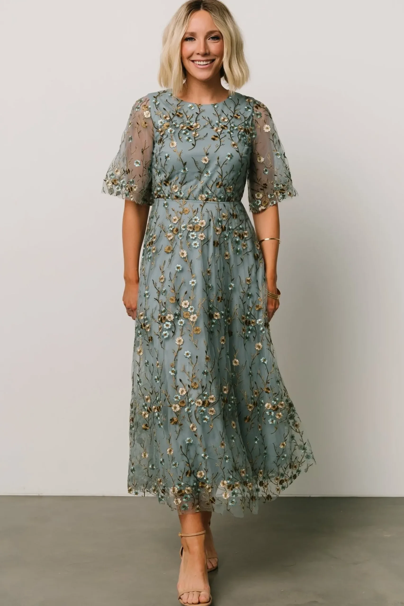 Baltic Born WEDDING SUITE|wedding guest|Arabella Embroidered Tulle Maxi Dress | Dusty Blue Floral