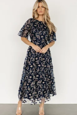 Baltic Born WEDDING SUITE|wedding guest|Arabella Embroidered Tulle Maxi Dress | Navy + Gold