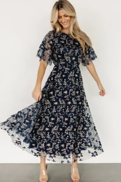 Baltic Born WEDDING SUITE|wedding guest|Arabella Embroidered Tulle Maxi Dress | Navy + Gold