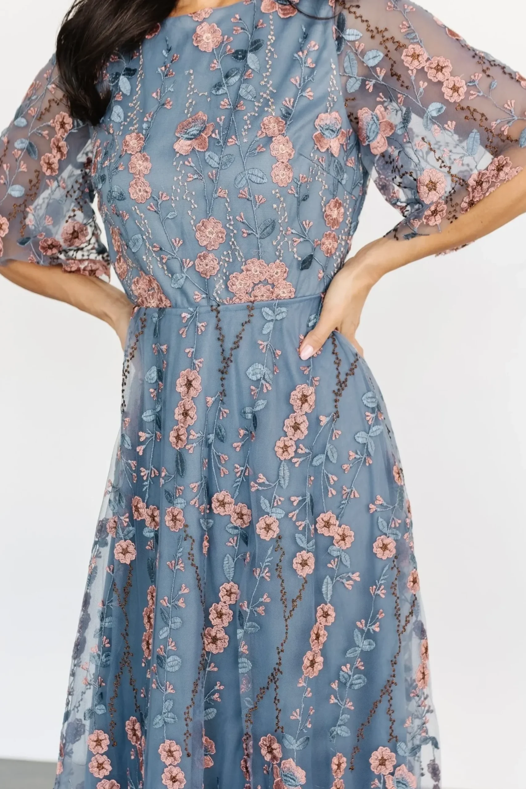 Baltic Born WEDDING SUITE|wedding guest|Arabella Embroidered Tulle Maxi Dress | Blue + Pink