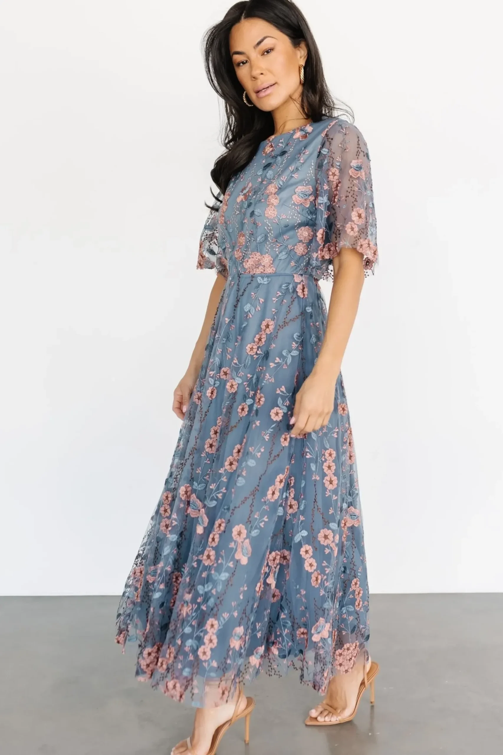 Baltic Born WEDDING SUITE|wedding guest|Arabella Embroidered Tulle Maxi Dress | Blue + Pink