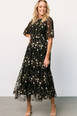 Baltic Born WEDDING SUITE|wedding guest|Arabella Embroidered Tulle Maxi Dress | Gold + Black