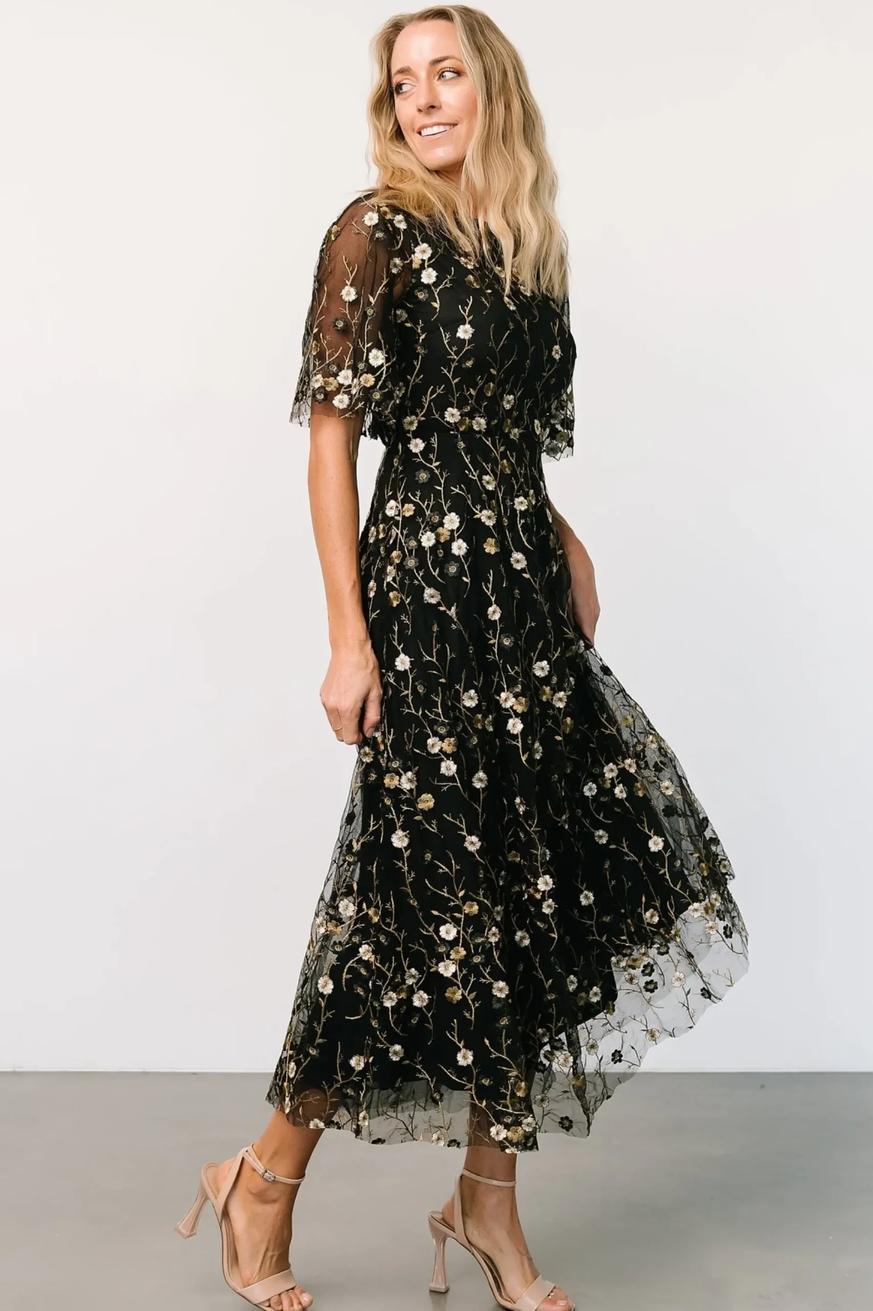 Baltic Born WEDDING SUITE|wedding guest|Arabella Embroidered Tulle Maxi Dress | Gold + Black