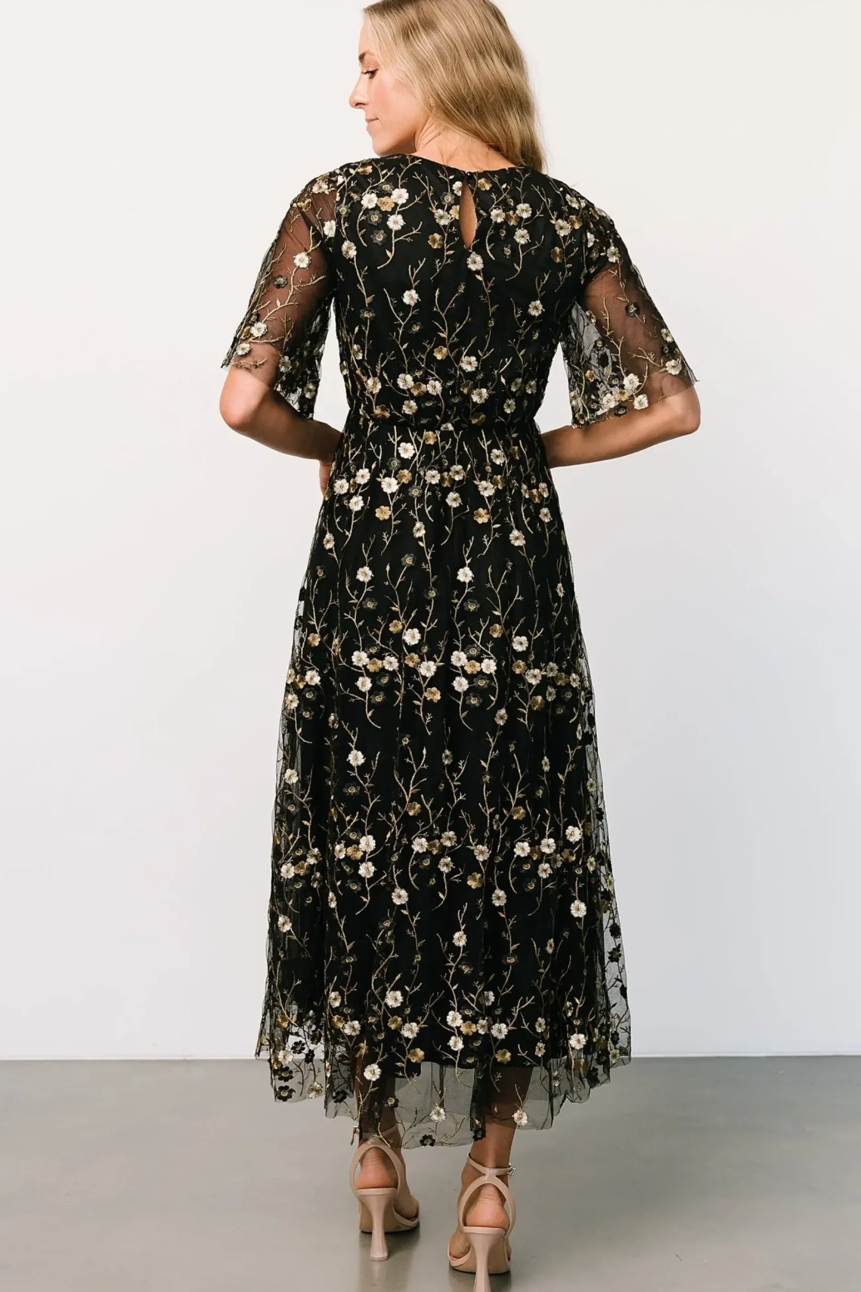 Baltic Born WEDDING SUITE|wedding guest|Arabella Embroidered Tulle Maxi Dress | Gold + Black