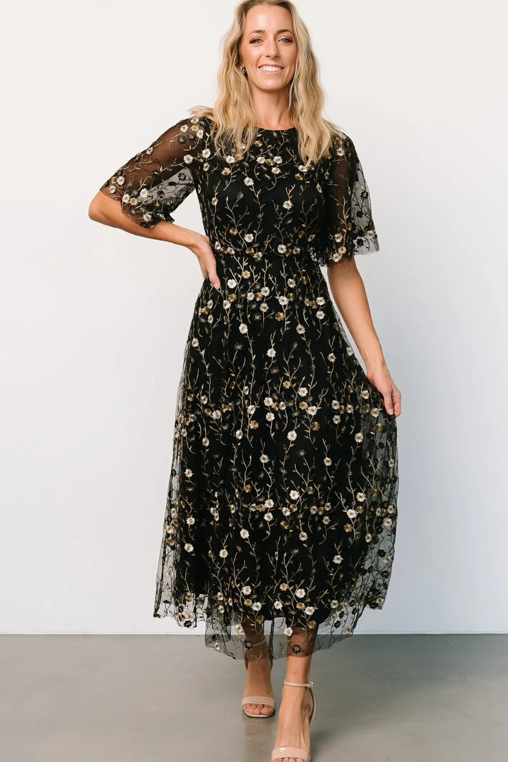 Baltic Born WEDDING SUITE|wedding guest|Arabella Embroidered Tulle Maxi Dress | Gold + Black