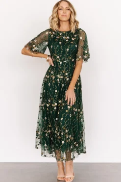 Baltic Born WEDDING SUITE|wedding guest|Arabella Embroidered Tulle Maxi Dress | Dark Green Floral
