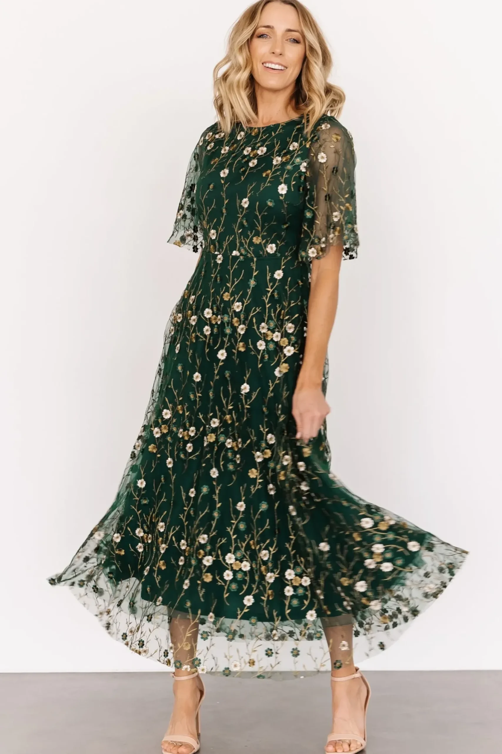 Baltic Born WEDDING SUITE|wedding guest|Arabella Embroidered Tulle Maxi Dress | Dark Green Floral