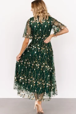 Baltic Born WEDDING SUITE|wedding guest|Arabella Embroidered Tulle Maxi Dress | Dark Green Floral