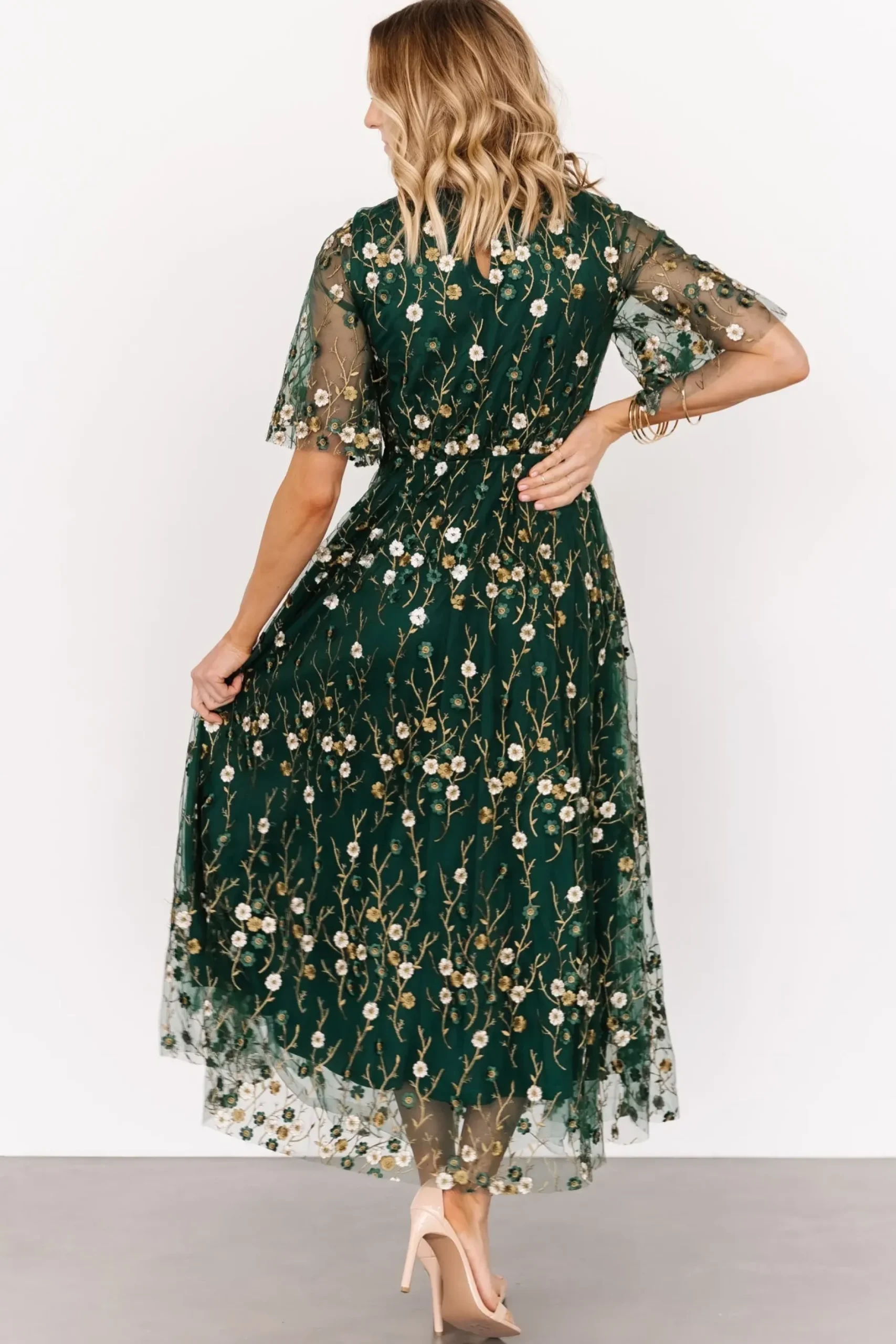 Baltic Born WEDDING SUITE|wedding guest|Arabella Embroidered Tulle Maxi Dress | Dark Green Floral