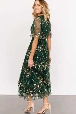 Baltic Born WEDDING SUITE|wedding guest|Arabella Embroidered Tulle Maxi Dress | Dark Green Floral