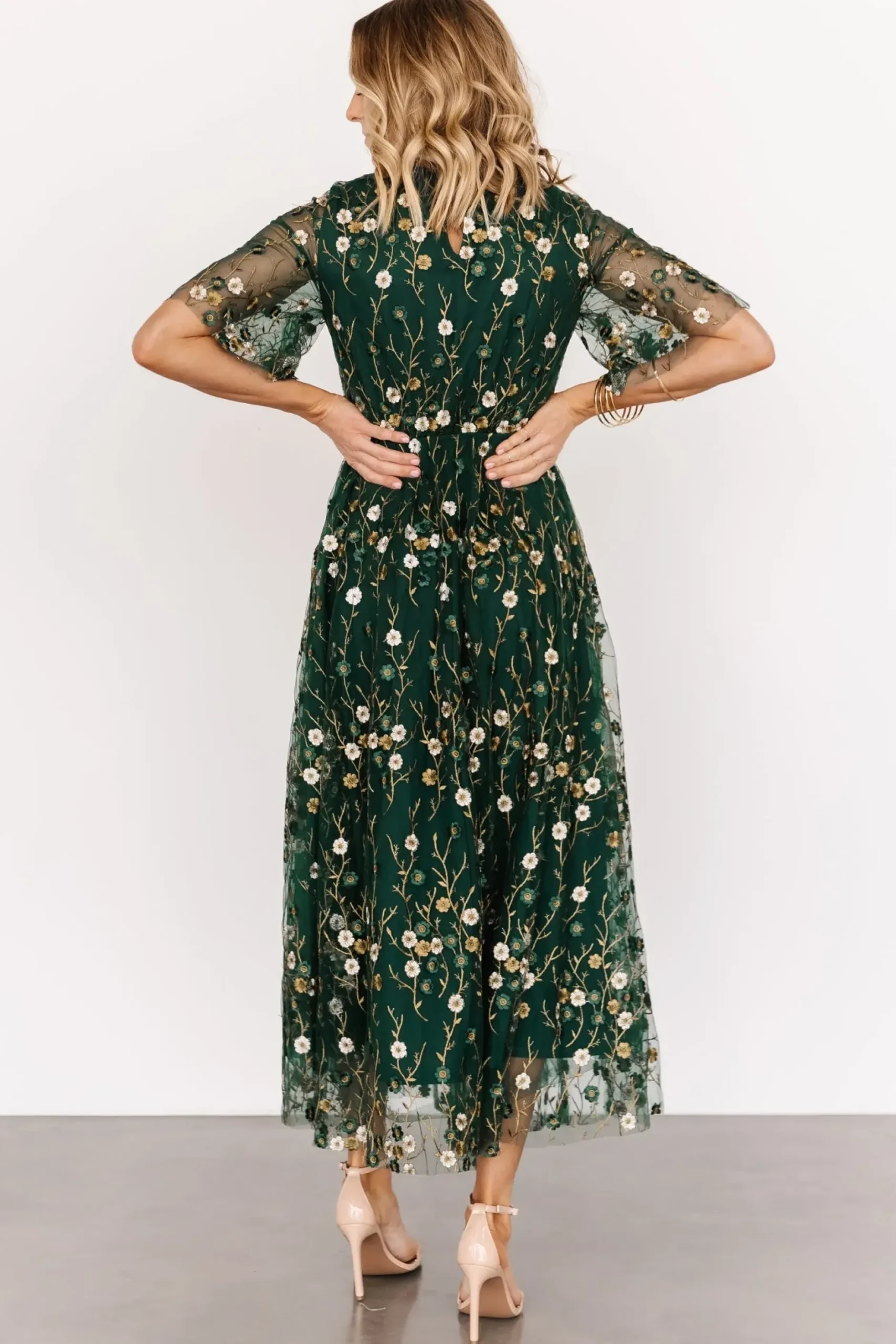 Baltic Born WEDDING SUITE|wedding guest|Arabella Embroidered Tulle Maxi Dress | Dark Green Floral