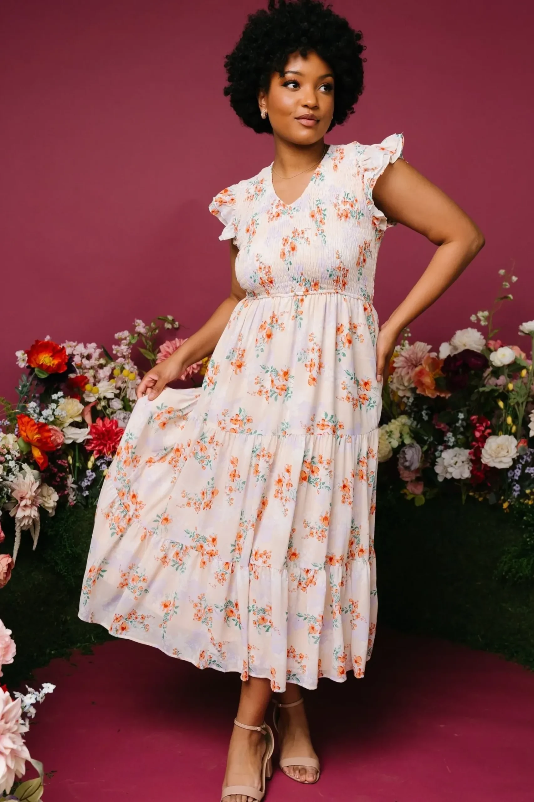 Baltic Born bump friendly|Arla Smocked Maxi Dress | Cream Floral