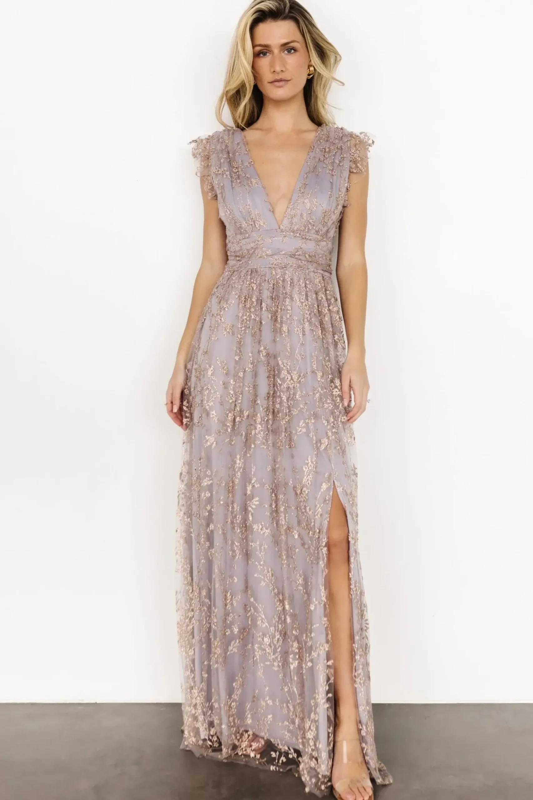 Baltic Born embellished + sequined|Arlene Shimmer Gown | Dusty Lilac + Rose