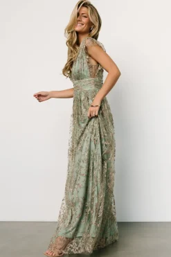 Baltic Born embellished + sequined|Arlene Shimmer Gown | Sage + Gold
