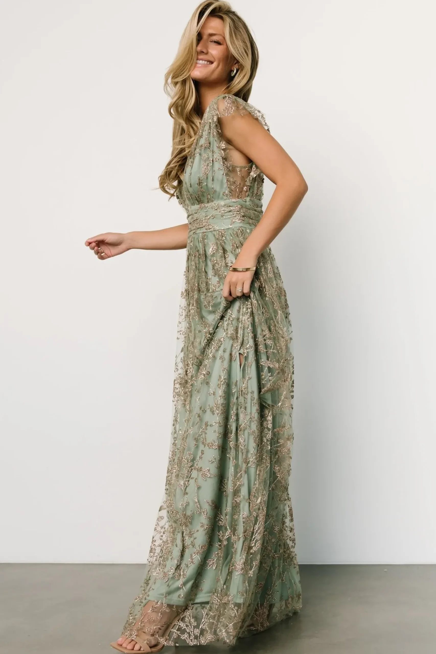 Baltic Born embellished + sequined|Arlene Shimmer Gown | Sage + Gold
