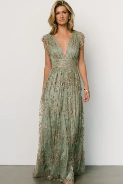 Baltic Born embellished + sequined|Arlene Shimmer Gown | Sage + Gold